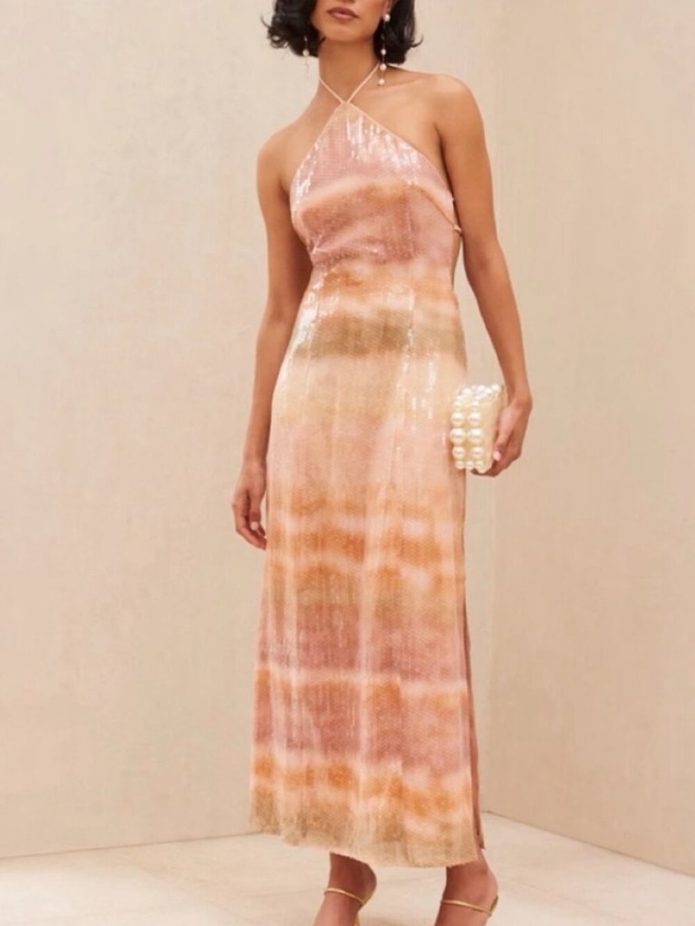 cult gaia Pink and Tan Backless Halter Maxi Dress